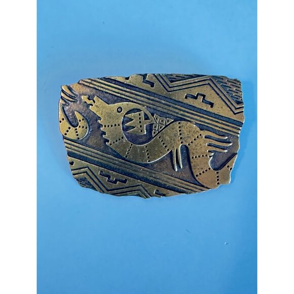 Vintage Brass Etched Tribal Dragon Design Brooch Pin by JJ 1988 - Picture 2 of 6